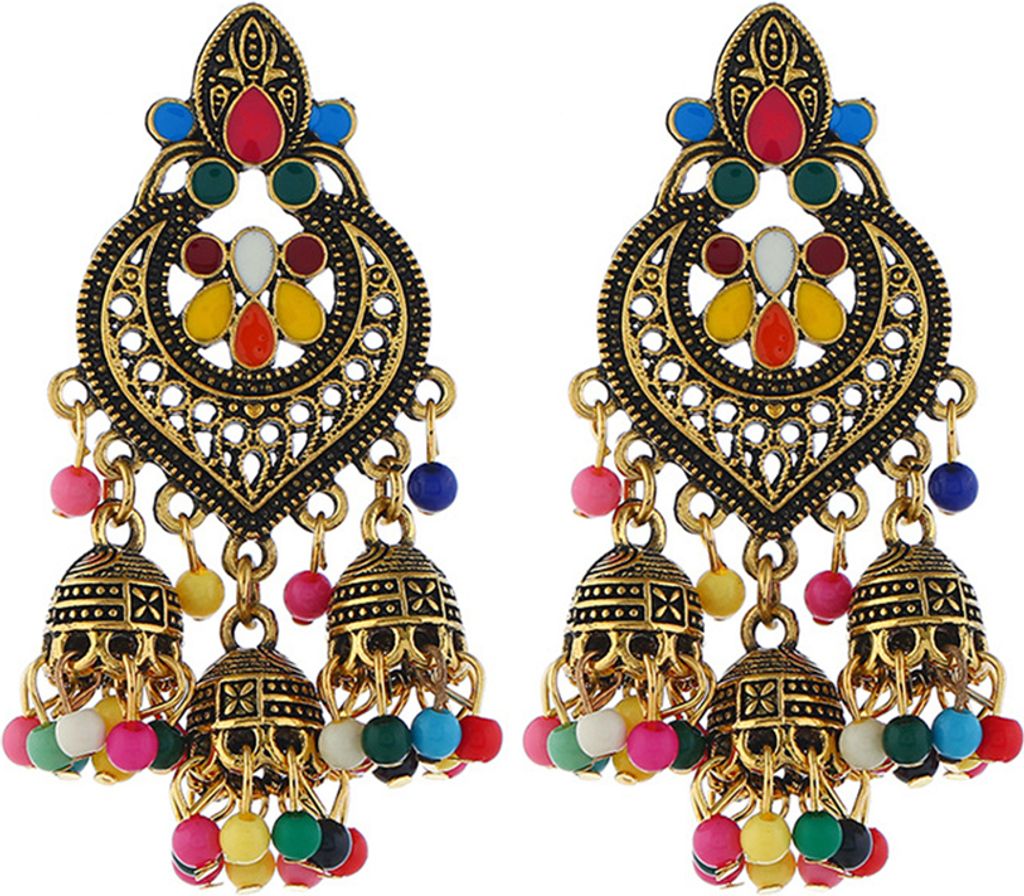 Böhmische Damen-Ohrstecker mit Herz-Perle und Quaste, Statement-Schmuck, Geschenk-Mehrfarbig