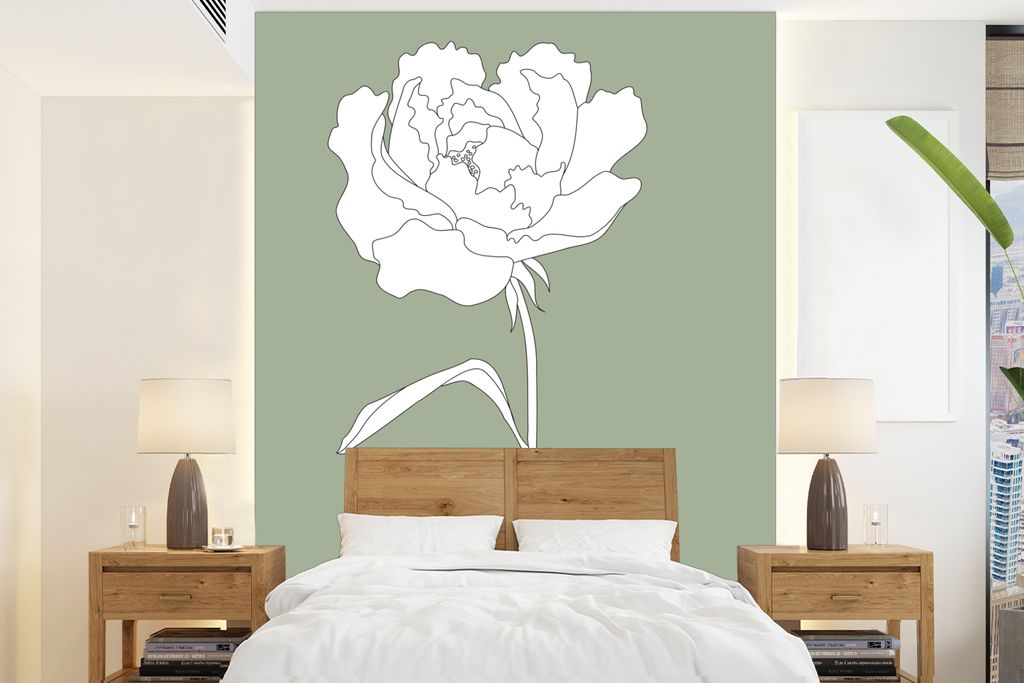 MuchoWow Fototapete für Wohnzimmer oder Schlafzimmer Wandtapete Vinyl Motivtapete Rose - Blumen - Grün - Weiß - Pflanzen - 195x260 cm - Wandbild