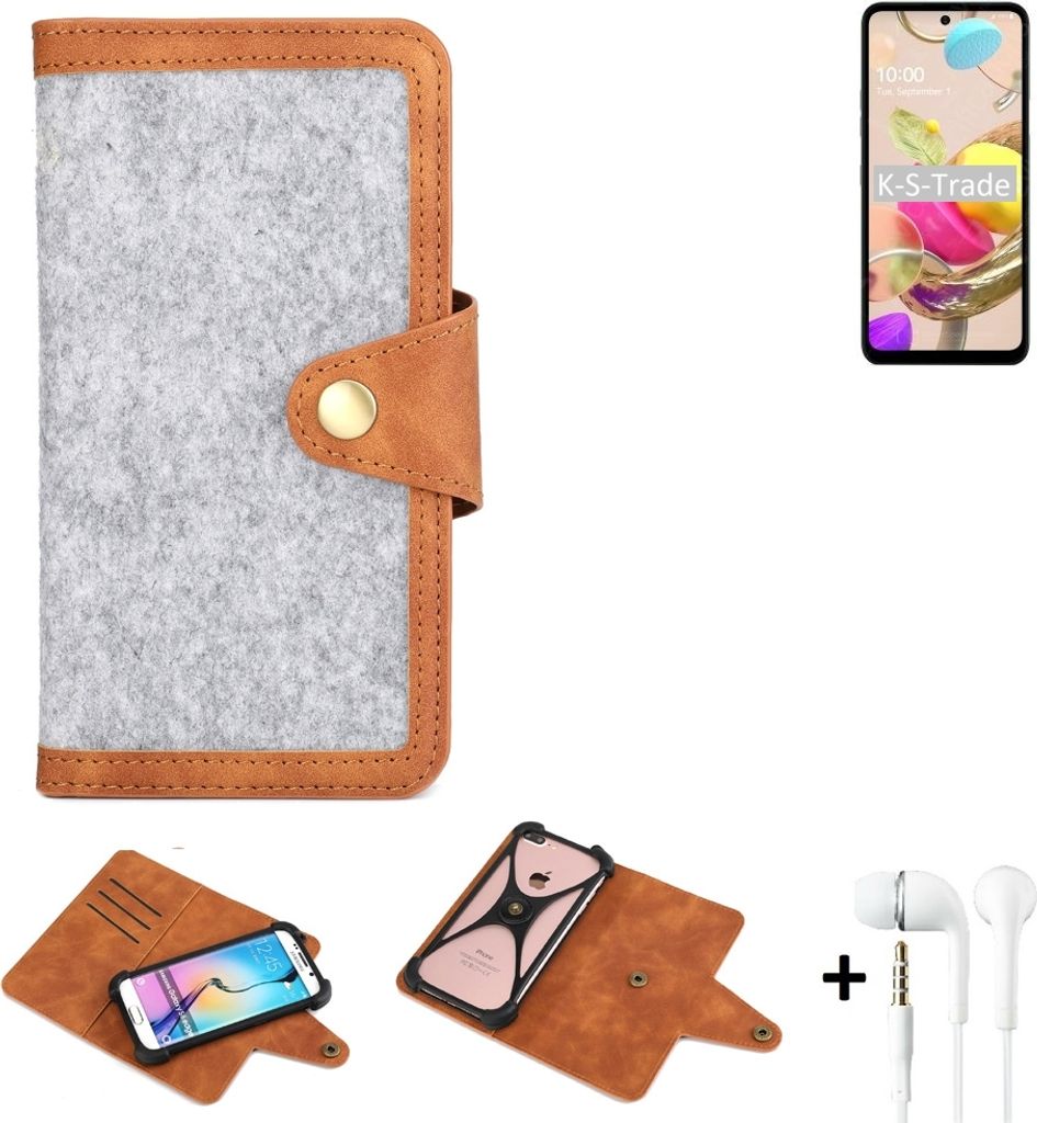 K-S-Trade Handyhülle + Kopfhörer kompatibel mit LG Electronics K42 Schutzhülle Filz Hülle Kunstleder hellgrau braun (1x)