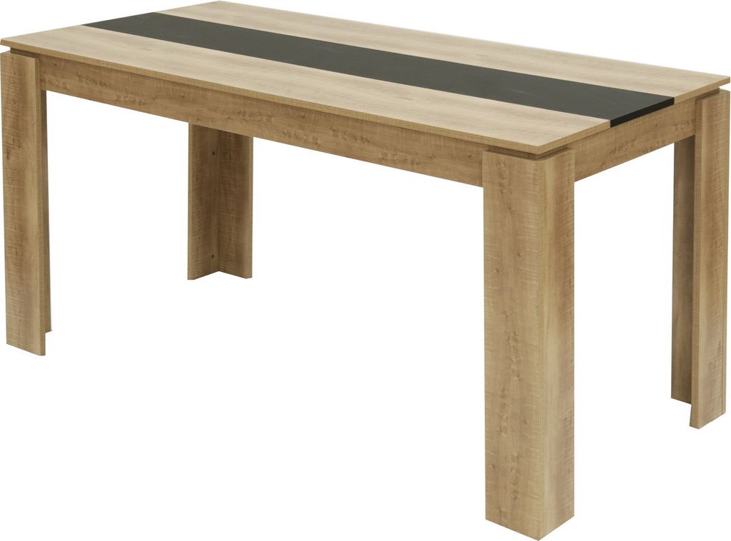A product shot of a wooden dining table with a black accent strip on a white background.