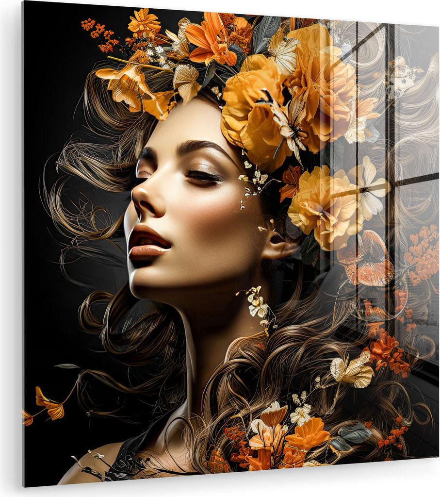 MuchoWow Glasbilder - Bilder auf Wandbild - Foto auf Glas Frau - Porträt - Blumen - Farbenfroh 30x30 cm Wanddekoration aus Glas - Acrylglasbild - ...