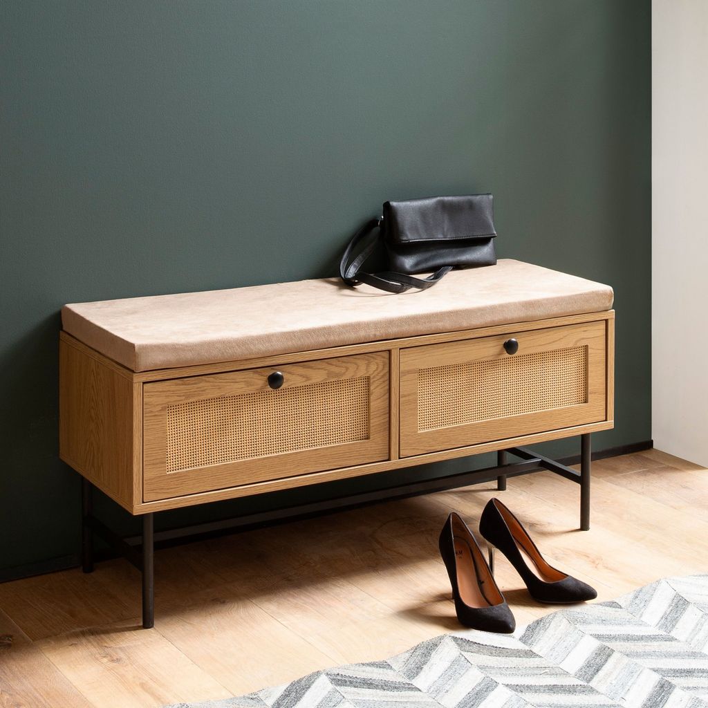 WOHNLING Schuhbank mit Stoff-Sitzfläche 100x48x38 cm Garderobenbank Eiche-Nachbildung Sitzbank Rattan Klein Gepolstert Bank Schmal Flur mit Stauraum