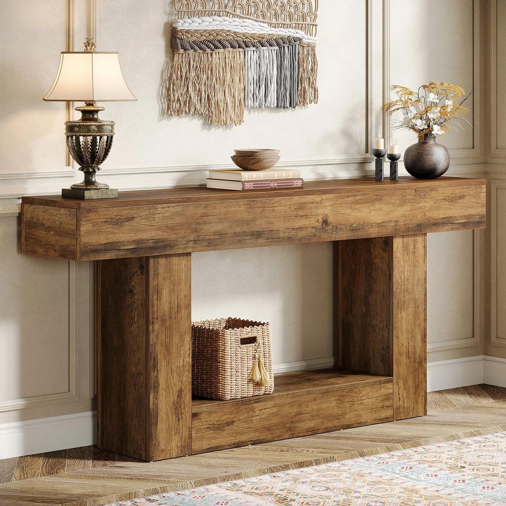 Konsolentisch 160 cm - Flur-/Sofatisch - Schmal 30 cm Tief - 2 Ebenen - U-förmiges Gestell - Holz, Landhausstil - Rustikbraun