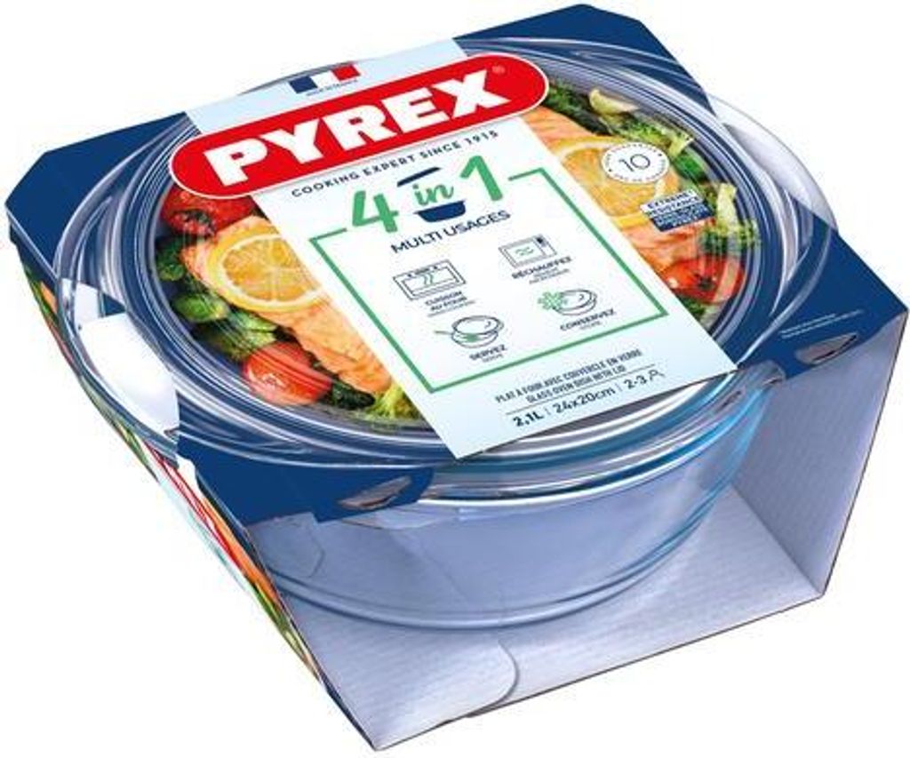 A Pyrex glass baking dish with a lid, presented in its retail packaging.