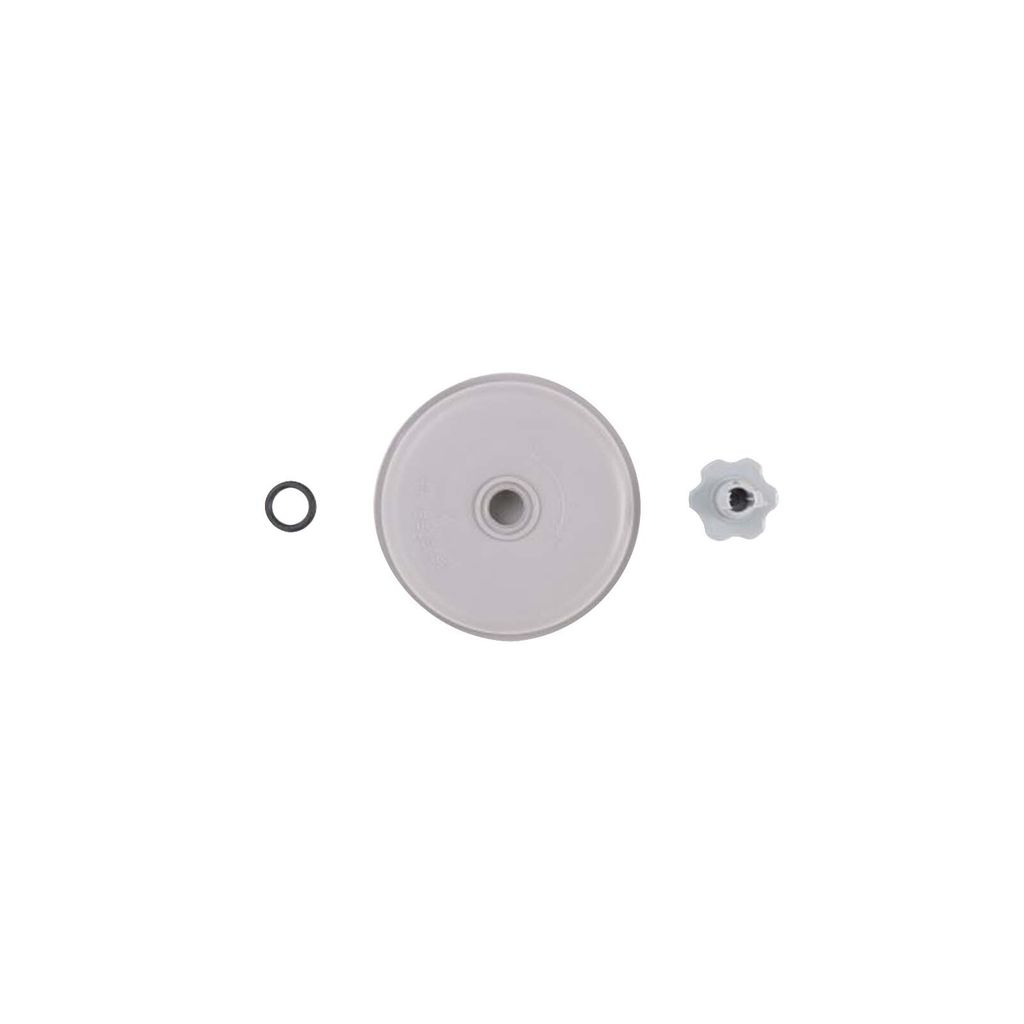 Three parts of a filter pump system are laid out on a white background.