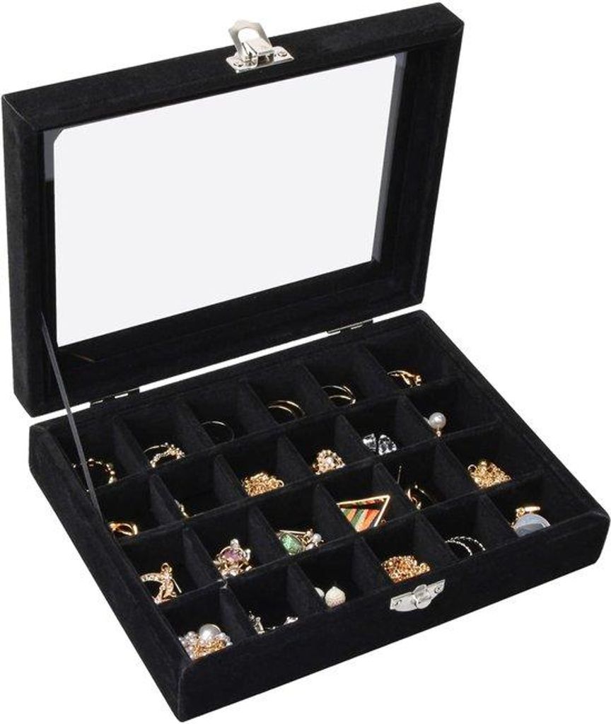 Fluweelgeraamteschrank mit 24 Rastern, abnehmbare Schmuckschrank, Schmuckorganisation mit transparentem Deckel für Ringe, Ketten, Armbänder, Ohrs...