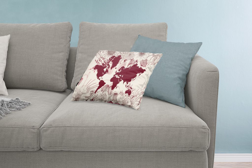MuchoWow Zierkissen Sofakissen Wohnzimmer Dekokissen 60x40 cm Weltkarte - Rot - Blumen - Kopfkissen - Polster mit Foto