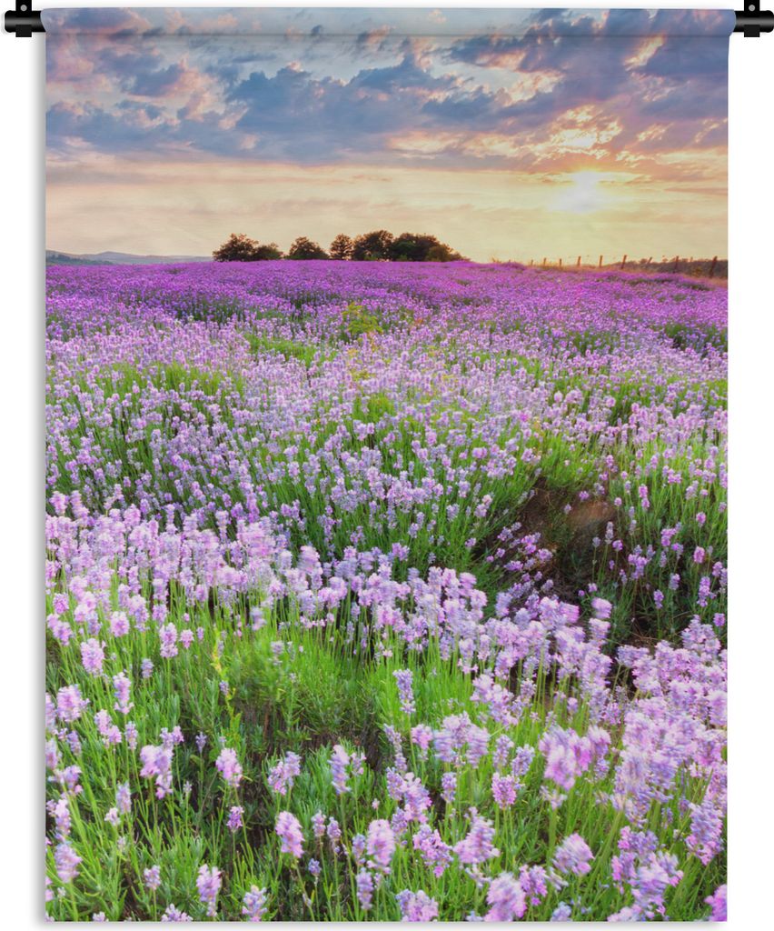 MuchoWow Wandteppich Wandbehang Blumen - Lavendel - Lila - Himmel - Sonnenuntergang - Wiese - Natur 150x200 cm Tapisserie Dekoration Wandtuch - W...