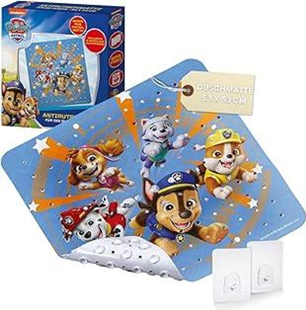 PAW Patrol rutschfeste Duschmatte für Kinder - Anti Schimmel Duscheinlage Fans, antibakteriell, mit Saugnäpfen, Aufhängern und Ablauflöchern, 5...