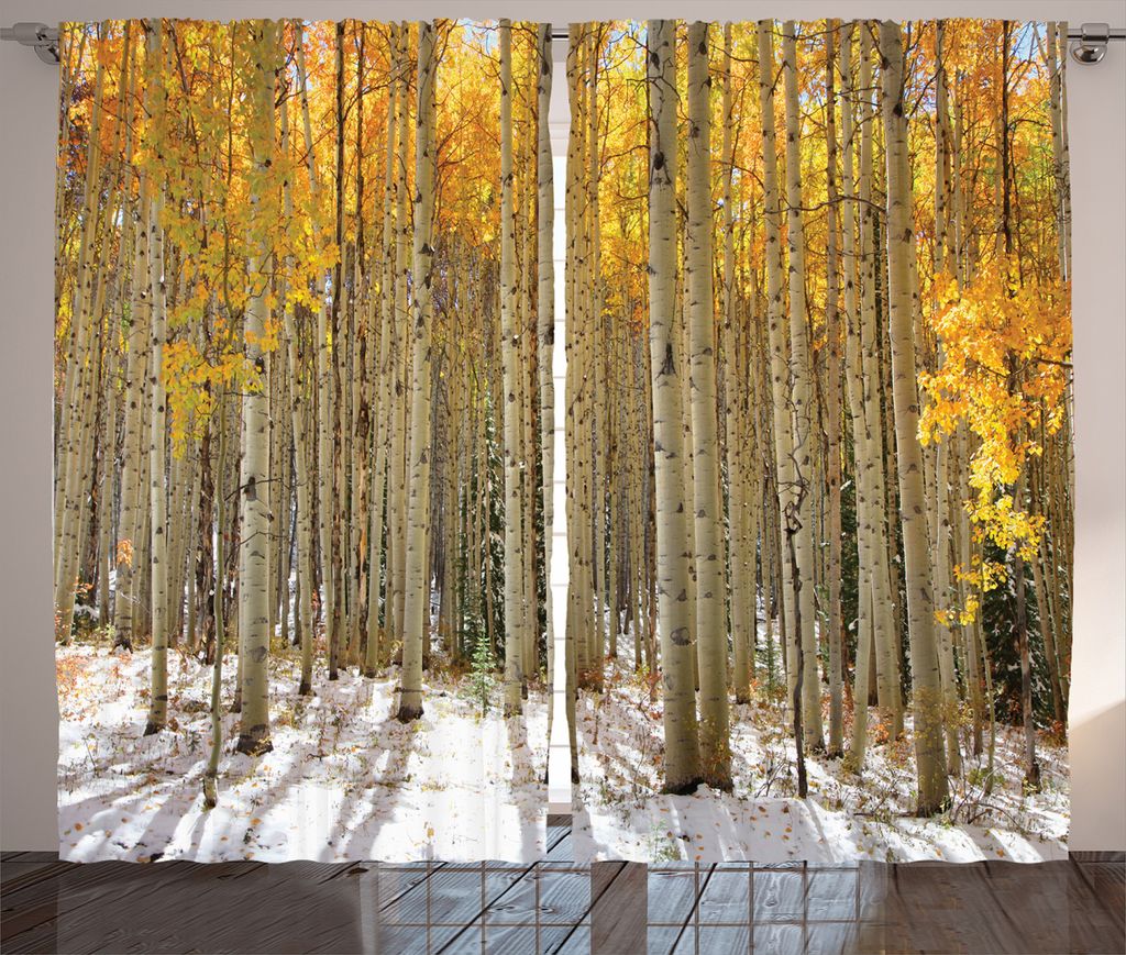 ABAKUHAUS Winter Rustikaler Gardine, Aspen Tree Woods Landschaft, Schlafzimmer Kräuselband Vorhang mit Schlaufen und Haken, 280 x 225 cm, Goldwei...