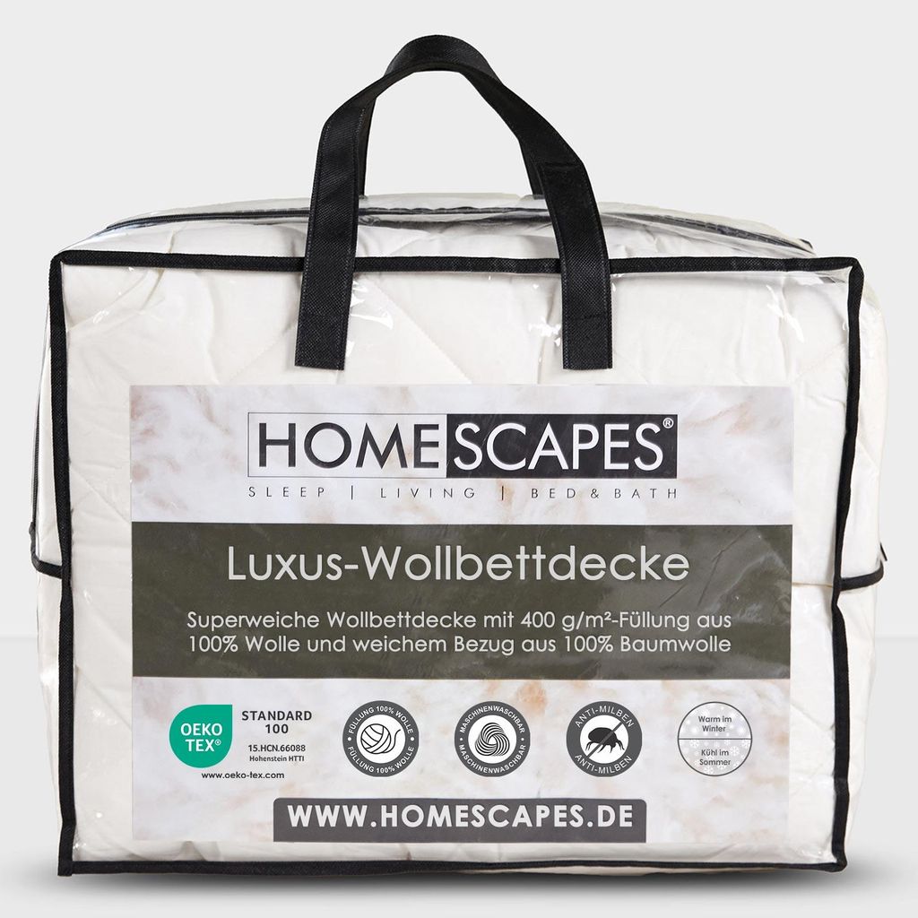 HOMESCAPES Schafwolldecke 200 x 200 cm - Schwere Bettdecke Herbst/Winter mit Wollfüllung