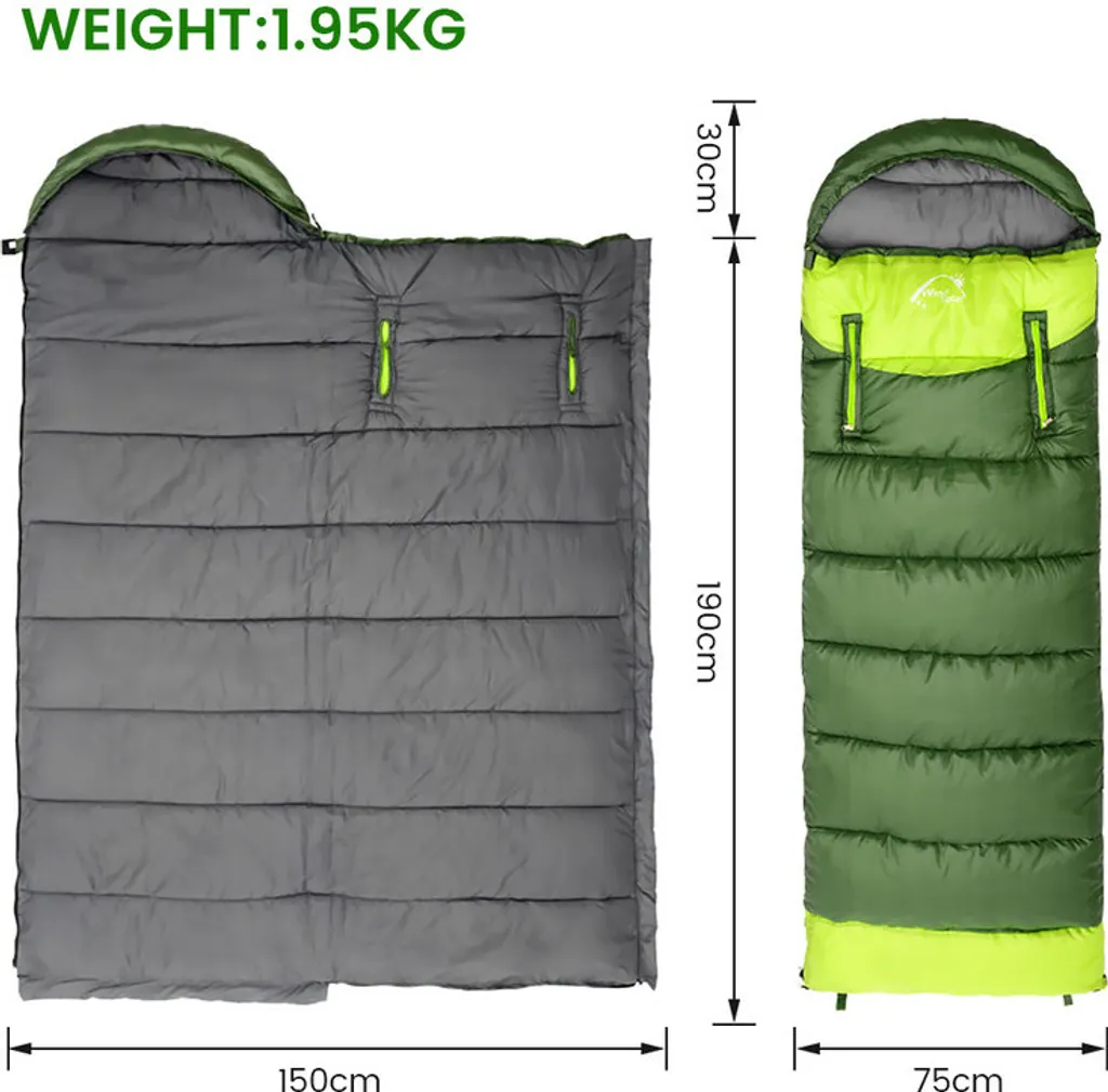 Sac de couchage jumelable droit vert extérieur avec option format XXL