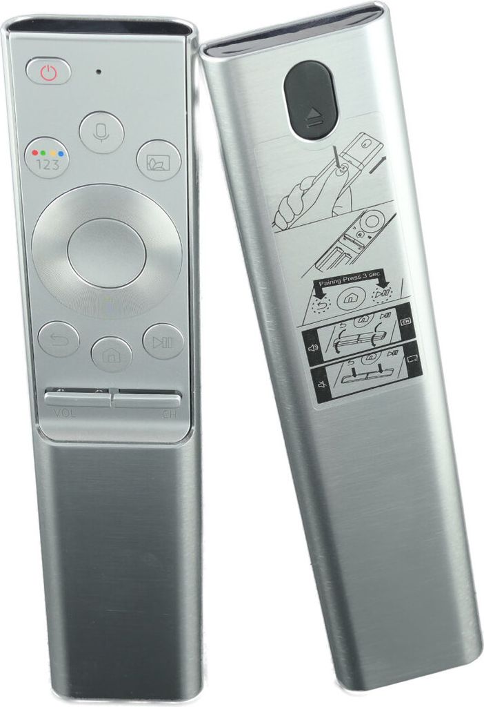 Two silver remote controls are shown against a white background. One remote is facing forward, showing its buttons. The other remote is tilted, showing its back with instructional diagrams.