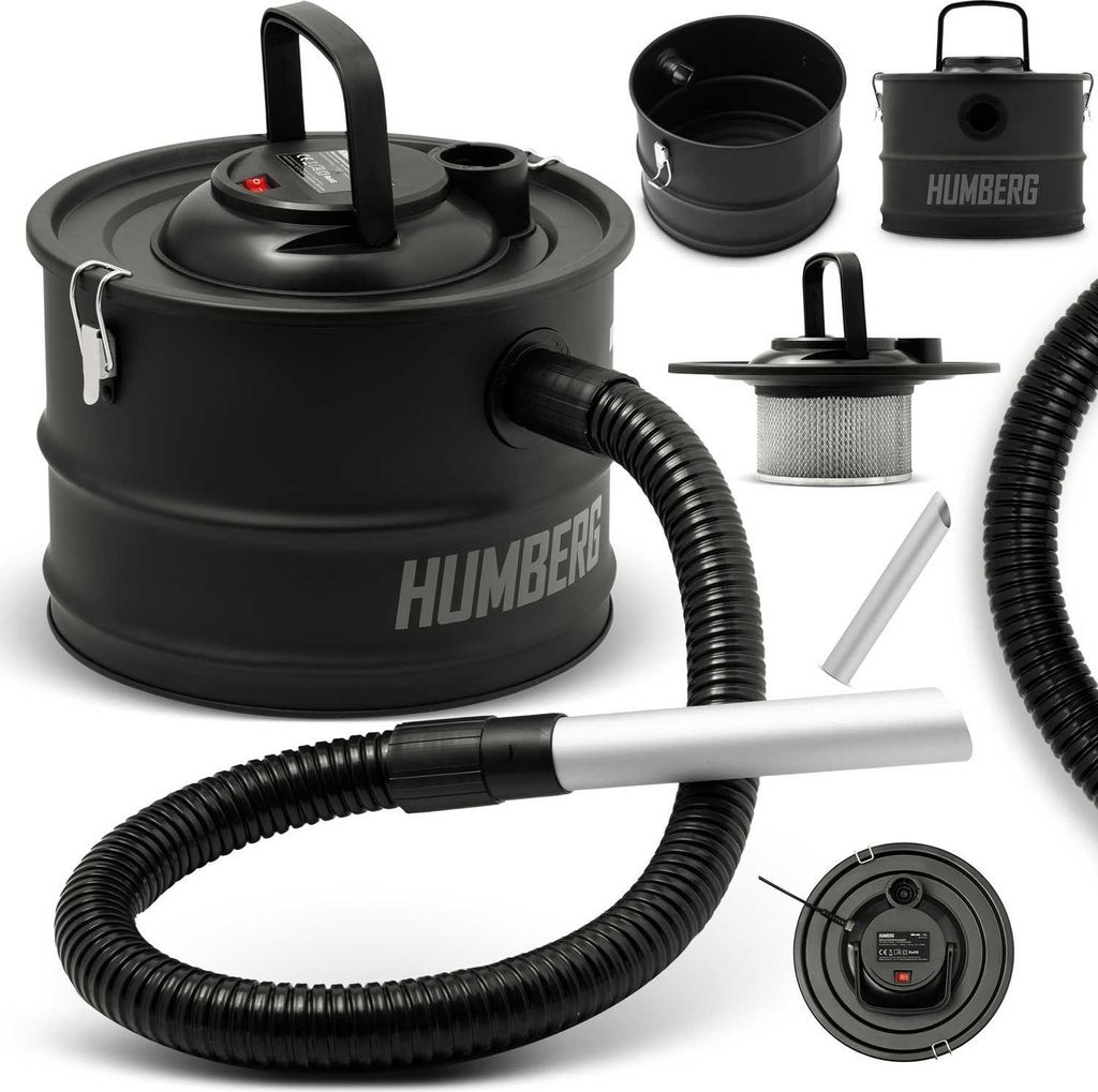 A collage of images showing a black ash vacuum cleaner and its components.