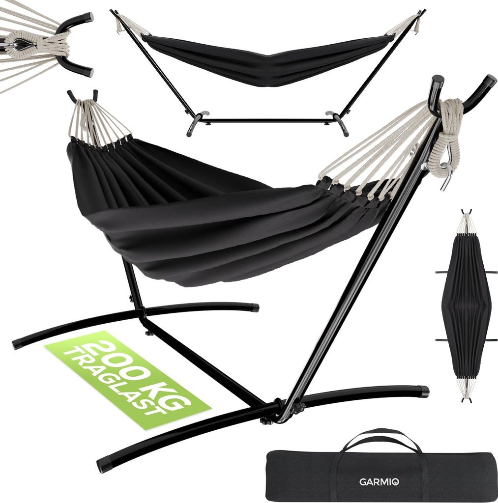 GARMIO Hängematte anthrazit 270 x 110 x 105 cm, Stahlgestell mit Pulverbeschichtung, 200 kg Tragkraft, klappbar, inkl. Tragetasche & Montageset