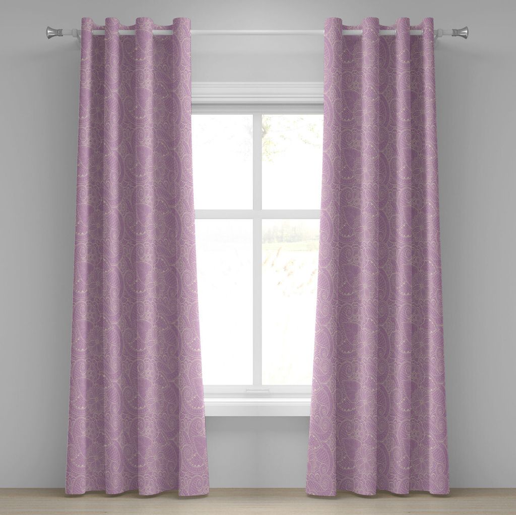 ABAKUHAUS Blätter Ösenvorhang, Zusammensetzung des einfarbigen Laub-Designs mit Paisley-Formen und blühender Flora, Dekorative 2-Panel-Fenstervo...