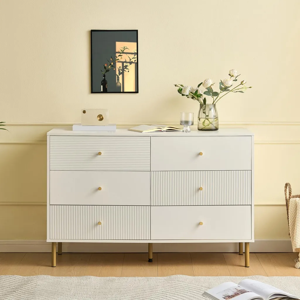 Commode 6 tiroirs blanche Fortuna Lai avec poignées en zinc et acier
