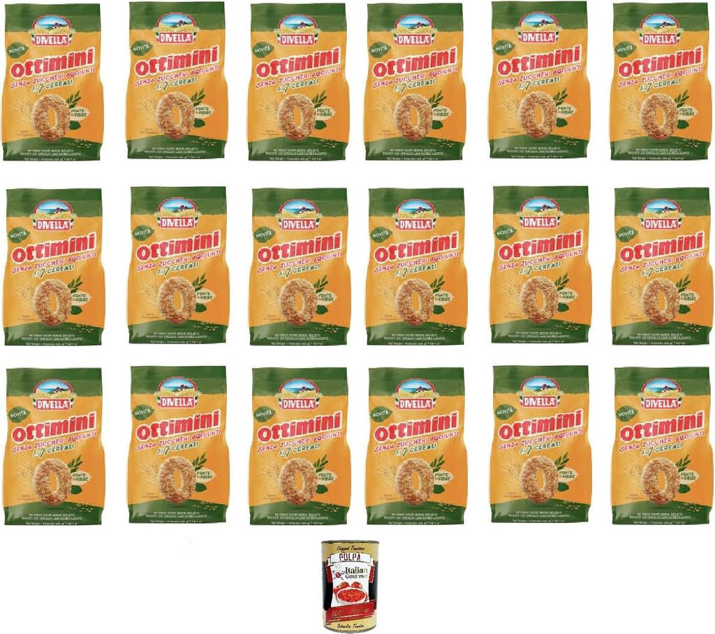 Divella Ottimini ai 7 cereali senza zuccheri aggiunti 400gr, 7-Korn-Kekse ohne Zuckerzusatz 18x400gr + Italian Gourmet polpa 400gr