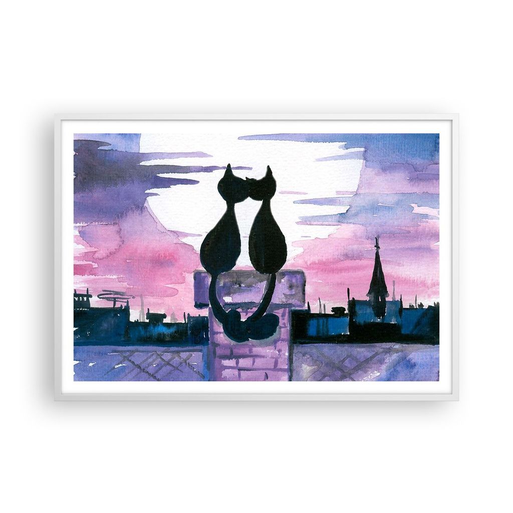 Gerahmtes Poster - Weißer Rahmen - Katzen Dach Liebe Tier - 100x70 cm - Wand Bild - Wanddeko - Wandbilder - Kunstposter - Wandposter - Bilderrahme...