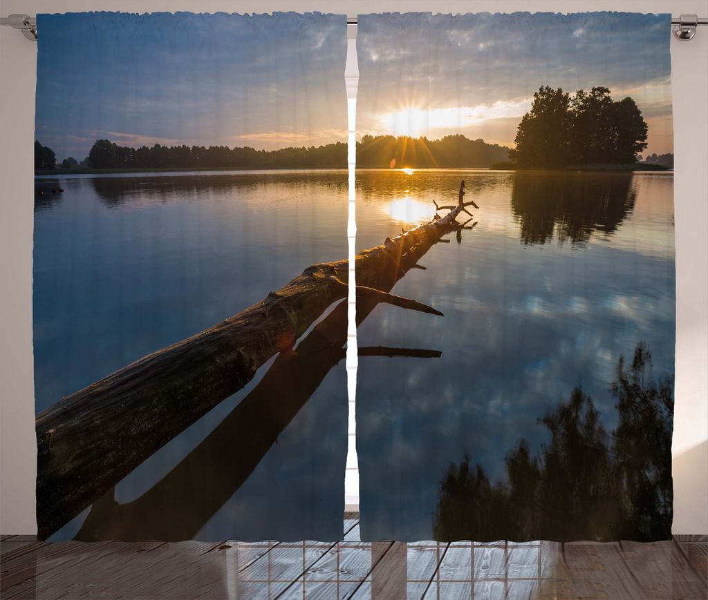 ABAKUHAUS Aussicht Rustikaler Vorhang, See in Polen Sunny Day, Wohnzimmer Universalband Gardinen mit Schlaufen und Haken, 280 x 225 cm, Blau grau Gelb