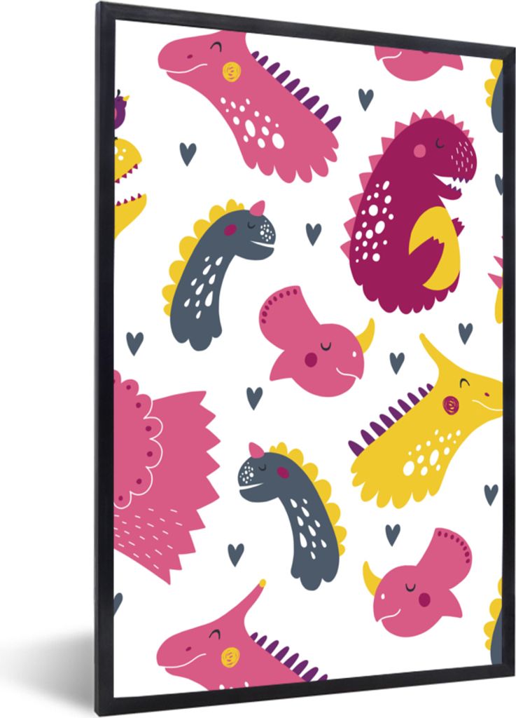 MuchoWow MuchoWow Gerahmtes Poster Dino - Muster - Kind - Rosa - Mädchen 40x60 cm - Poster mit zchwarzem Bilderrahmen - Papierdruck - Wandbilder