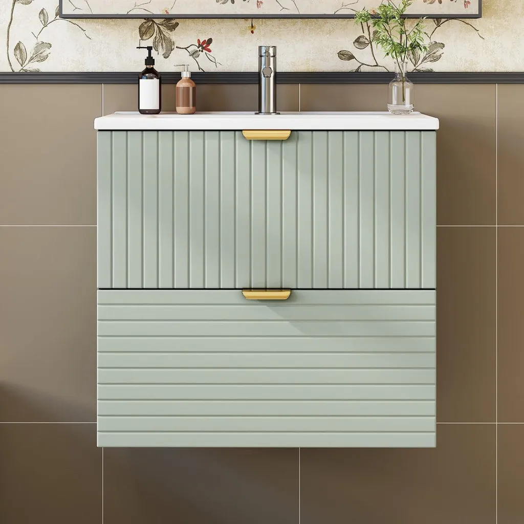 Meuble de salle de bain vert menthe 61cm avec vasque et rangements MDF
