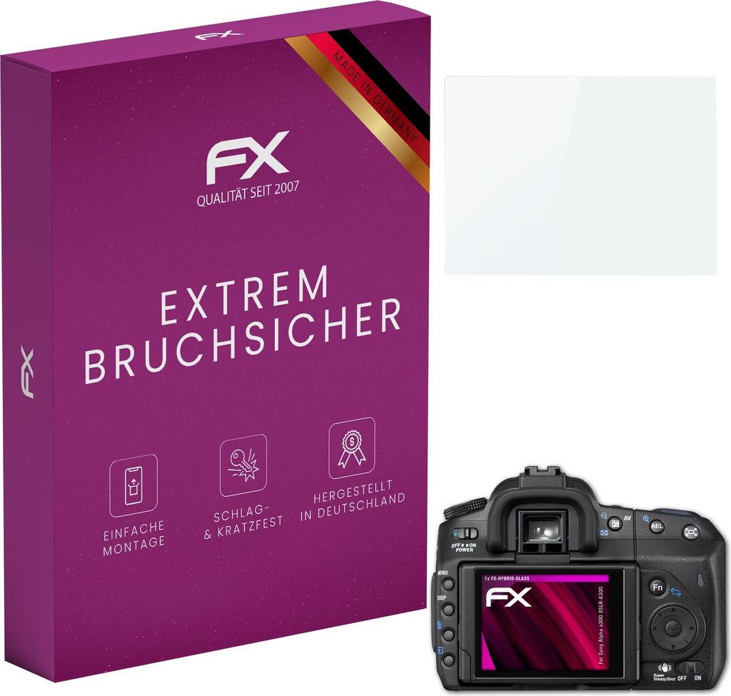 atFoliX FX-Hybrid-Glass Displayfolie kompatibel mit Sony Alpha a300 (DSLR-A300) Glasfolie