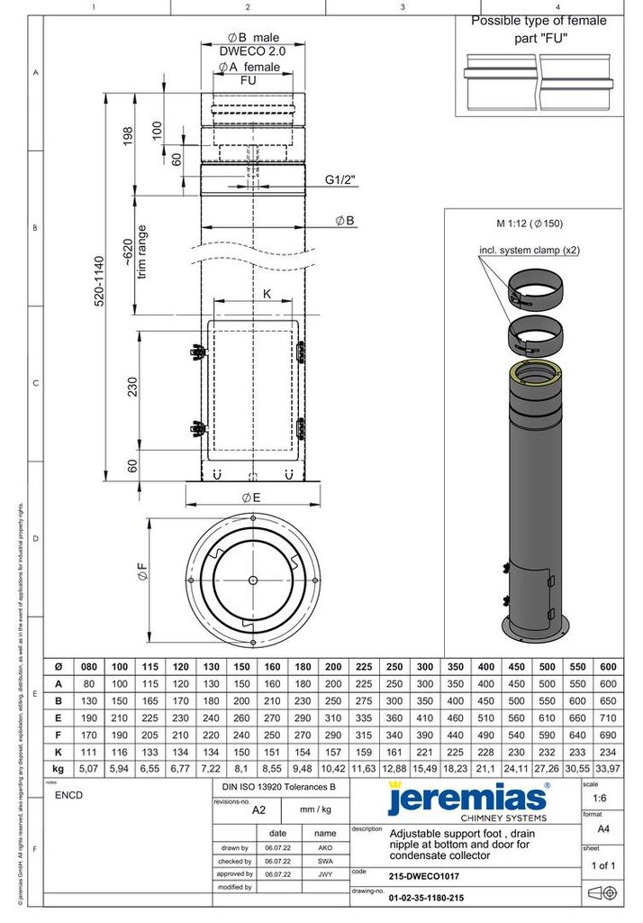Jeremias DW-ECO 2.0 Teleskopstütze 160mm 480-1120mm Edelstahl Kondensatablauf Tür für Auffangbehälter Schornstein Abgassystem