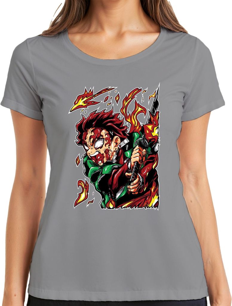 Dämonenjäger Samurai Katana Feuer Anime Geschenk Japan Y2K Streetwear Damen T-Shirt, Grau, M