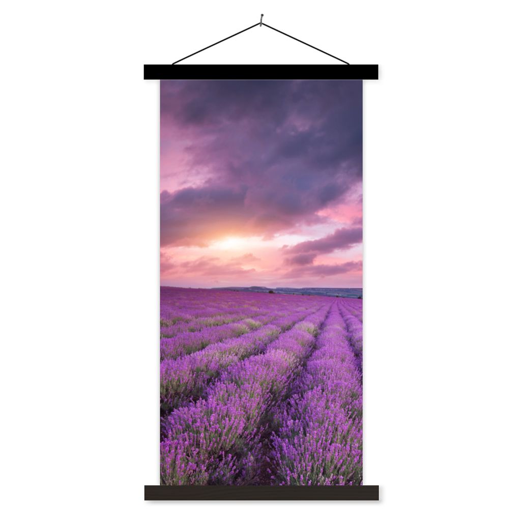 MuchoWow Textilposter Lavendel - Lila - Wolken - Blumen 40x80 cm mit schwarzem Rahmen - Wandemalerei