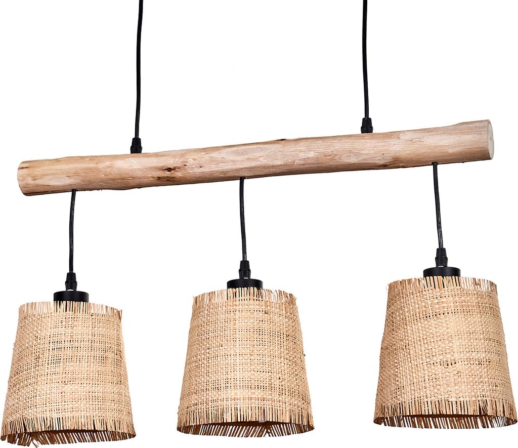 Tubione moderne Hängelampe aus Holz/Metall/Bast in Natur/Schwarz/Beige