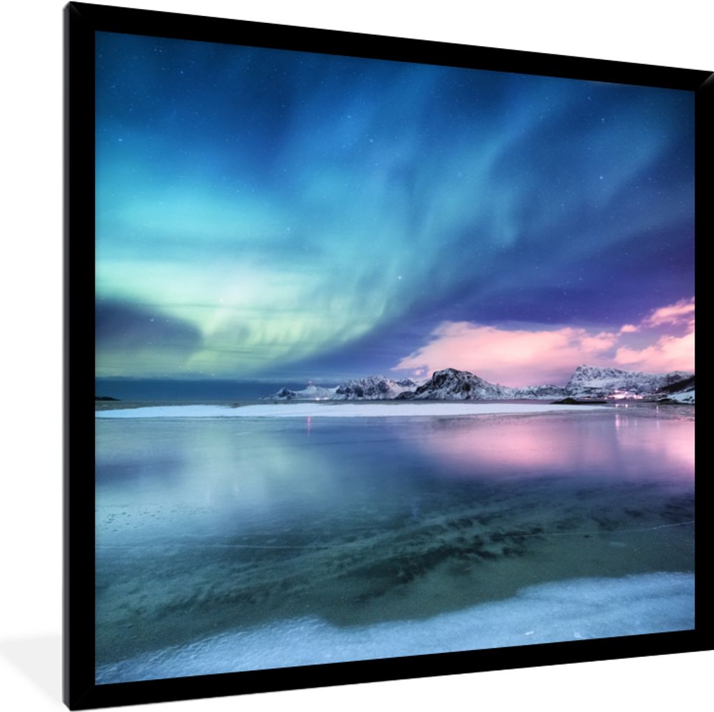 MuchoWow MuchoWow Gerahmtes Poster Nordlichter - Nacht - Winter 40x40 cm - Poster mit zchwarzem Bilderrahmen - Mit Rahmen - Wanddekoration Schl...