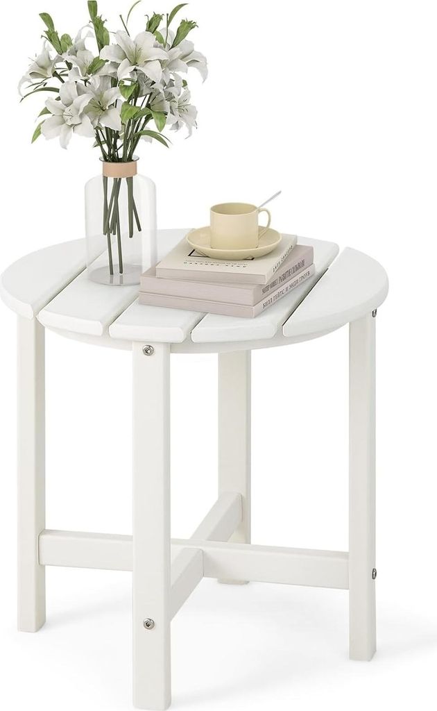 Balkontisch Gartentisch Klein, Garten Beistelltisch Wetterfest, Balkon Beistelltisch aus UV-beständigem HDPE, Patio Tisch bis 100 kg tragbar, Weiß
