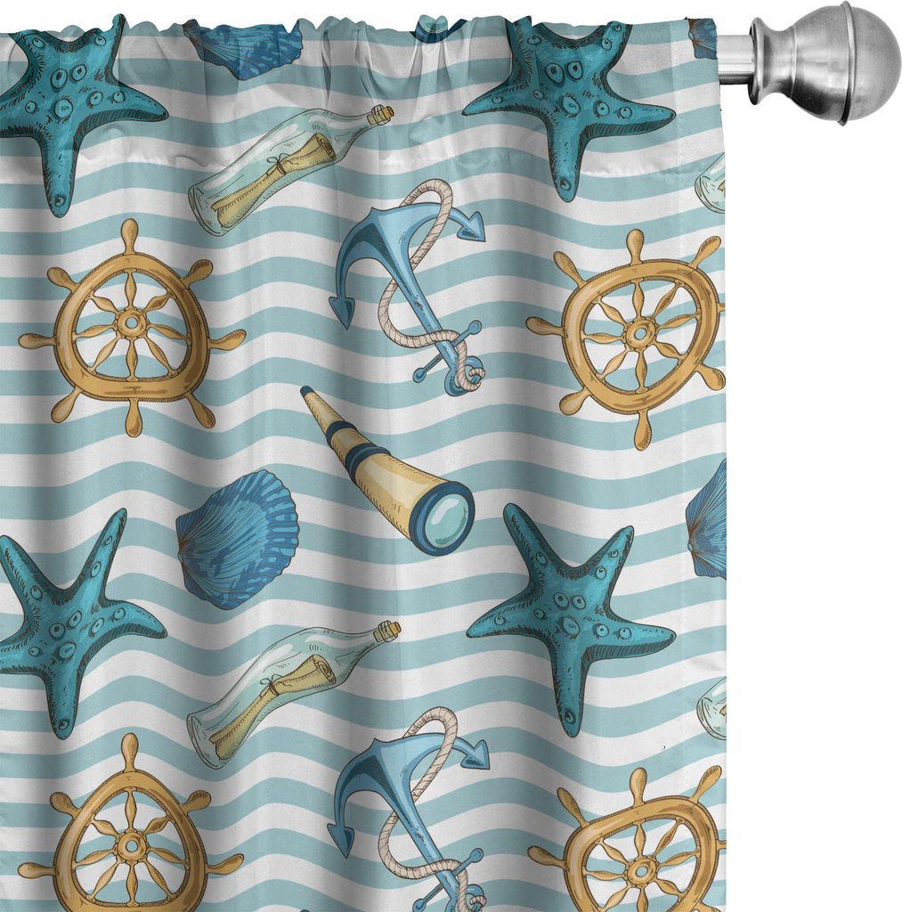 ABAKUHAUS Nautisch Vorhänge, Gardinen, Marine Sea Striped Hintergrund mit Anker Rad Starfish Seashell Figuren, 2 Stück 75 x 225 cm, Blau und Apri...
