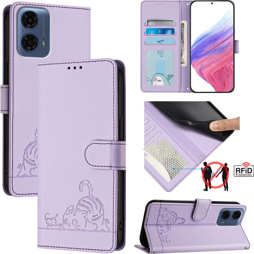 Leder Hülle für Motorola Moto G24 Power Süße Katze Flip Case Brieftasche Schutzhülle mit Standfunktion Lila