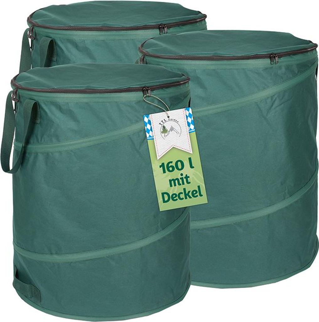 TTL GARDEN 3×160L Pop Up Gartensack Deluxe – 3er Set 160L 600D Oxford mit Deckel