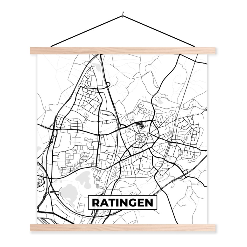 MuchoWow Textilposter Karte - Ratingen - Karte - Stadtplan 40x40 cm mit holzfarbenen Rahmen - Posterleiste