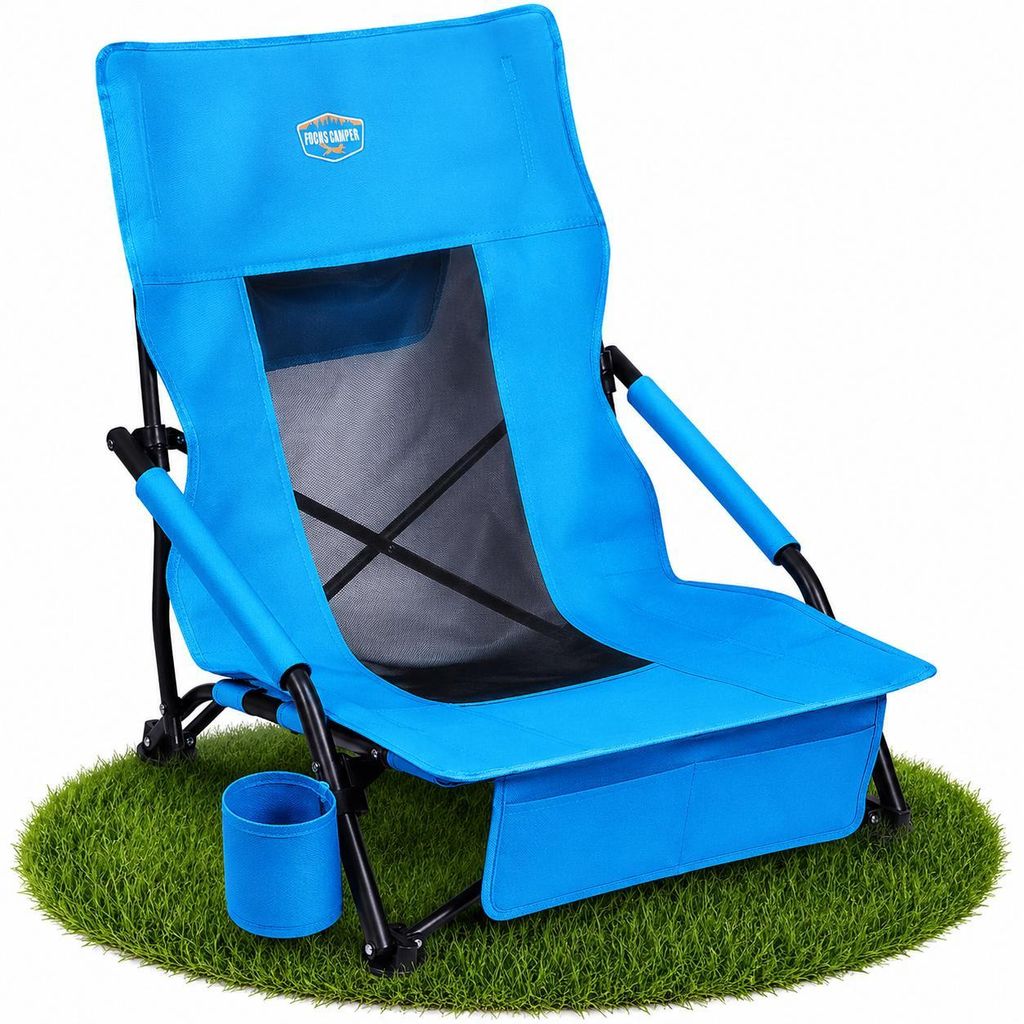 Fuchs Camper Strandstuhl klappbar – Campingstuhl mit hoher Rückenlehne & Mesh-Gewebe – Faltbarer Outdoor Stuhl mit Getränkehalter und Taschen