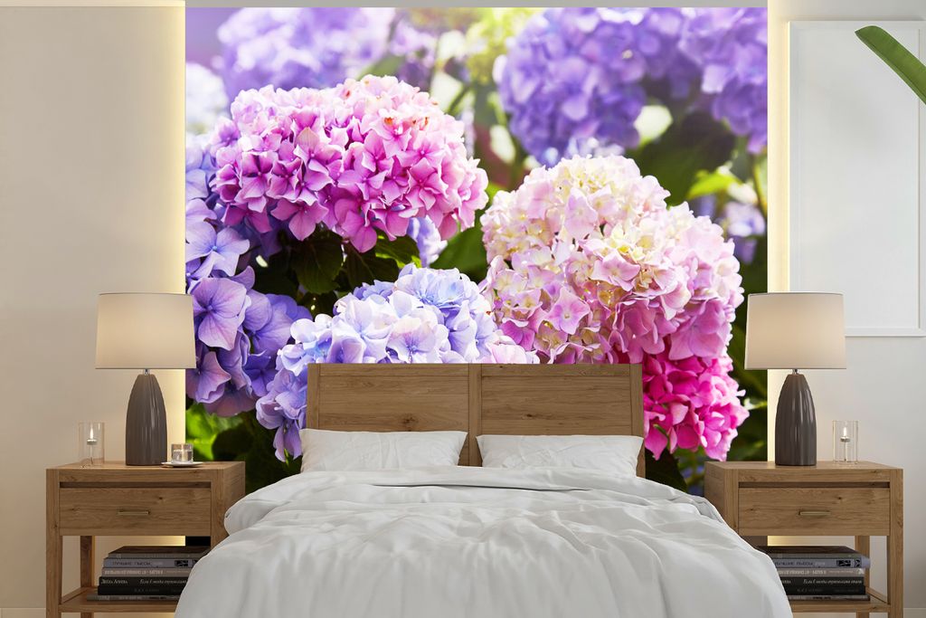 MuchoWow Fototapete für Wohnzimmer oder Schlafzimmer Wandtapete Vinyl Motivtapete Blumen - Hortensie - Rosa - Blätter - Sonne - 300x300 cm - Wa...