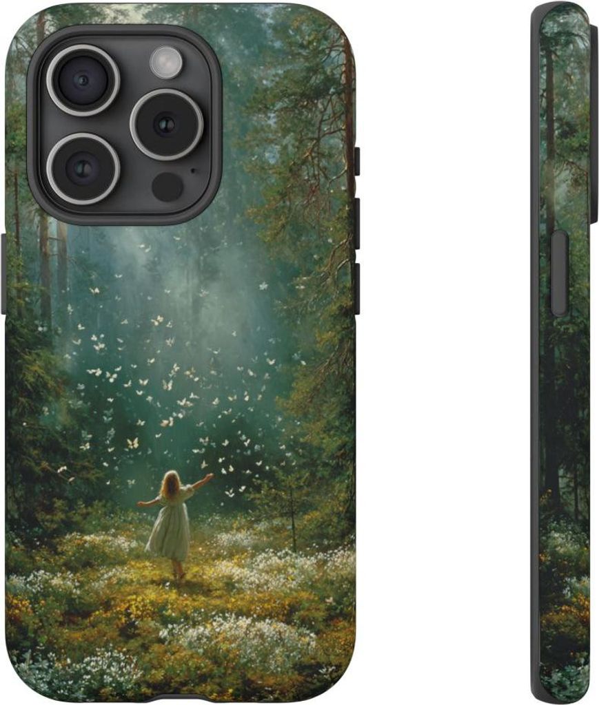 Mädchen im sonnendurchfluteten Wald mit Schmetterlingen – Hülle Kompatibel mit iPhone 15 Pro