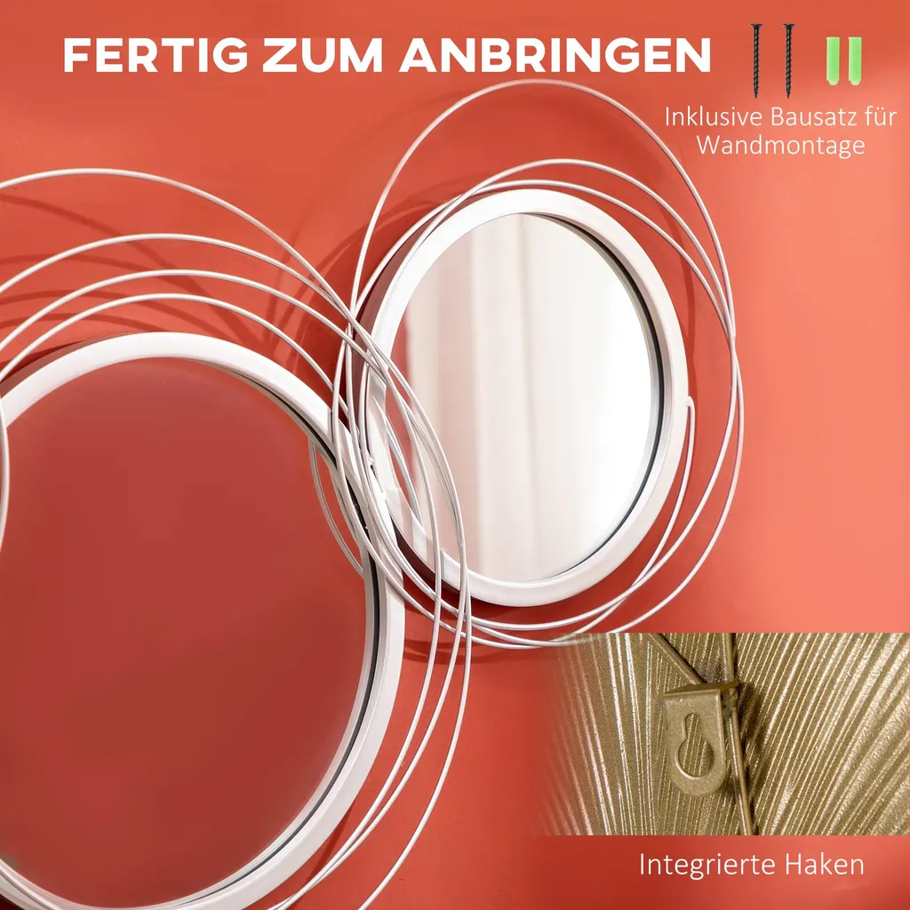 Fortuna Lai Set di 3 specchi per decorazione murale, decorazione murale con 4 specchi rotondi, decorazione per soggiorno, specchio da parete, specchio da corridoio, opera d'arte da parete per soggiorno, camera da letto, metallo, argento - 5