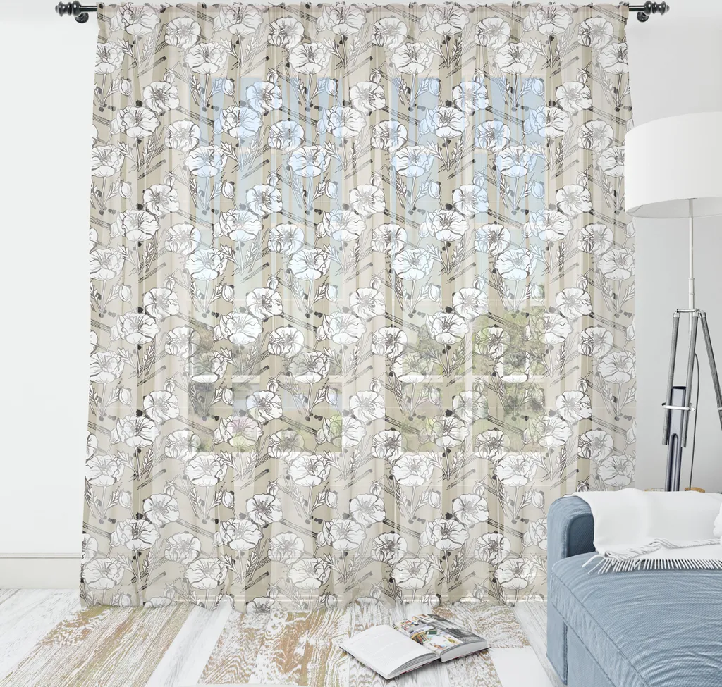 ABAKUHAUS Arazzo floreale, motivi artistici di ispirazione vintage con papaveri e pennellate, tessuto satinato setoso per soggiorno e camera da letto, 210 cm x 274 cm, color seppia chiaro e grigio carbone