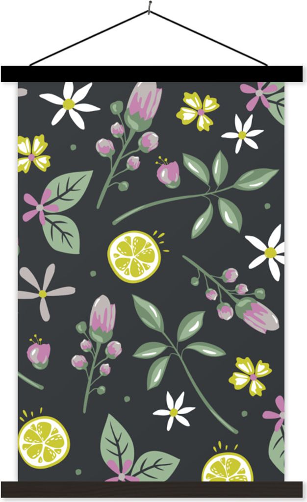 MuchoWow Textilposter Sommer - Blumen - Obst - Schwarz 60x90 cm mit schwarzem Rahmen - Poster Wohnzimmer