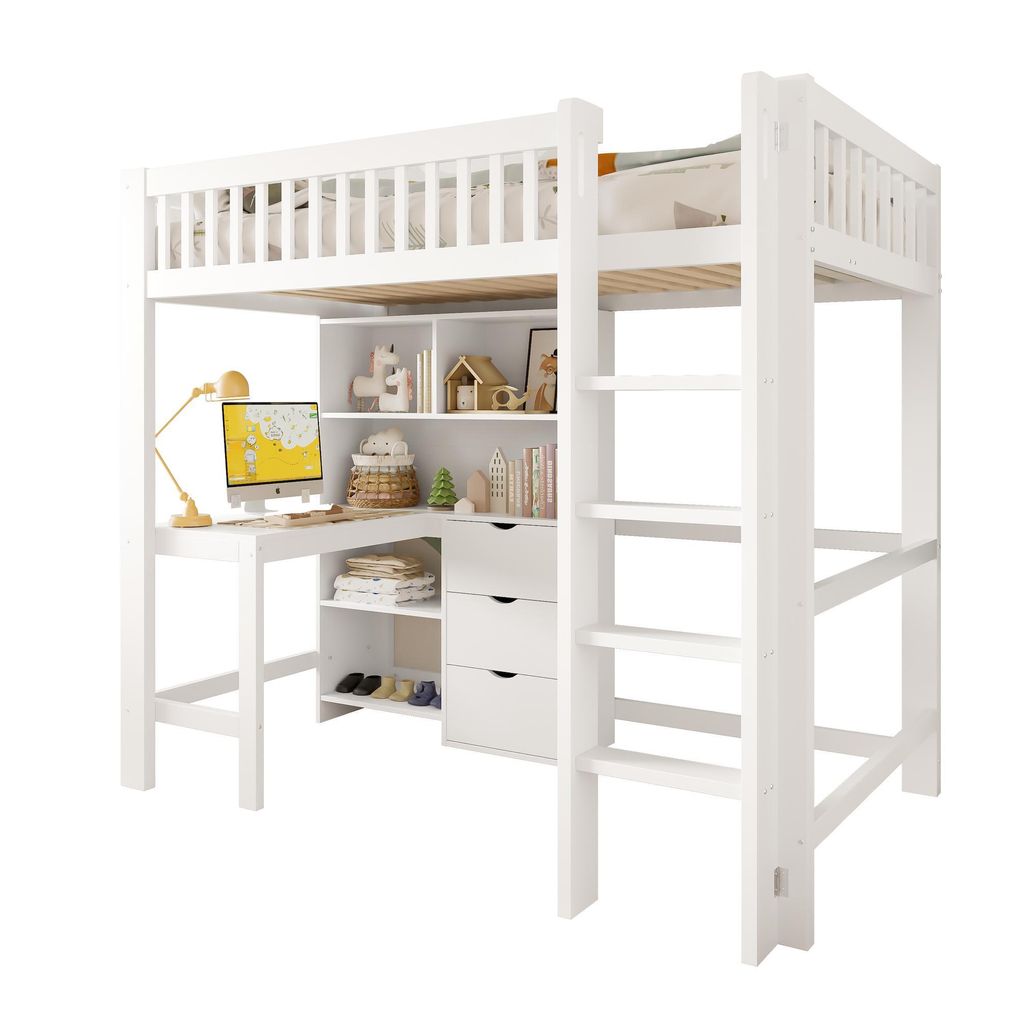 Hochbett mit Schreibtisch, Regal, Schubladen und Produktbild 