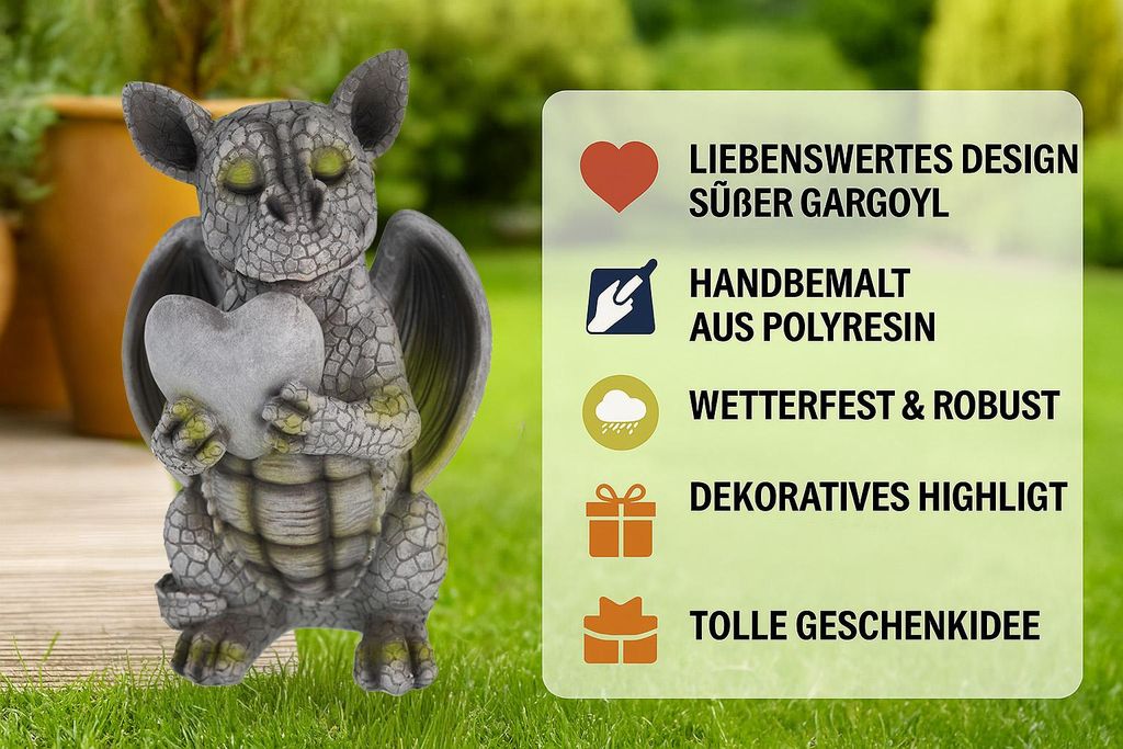Kremers Schatzkiste Gartenfigur Drache Figur mit Herz 25 cm wetterfest Skulptur