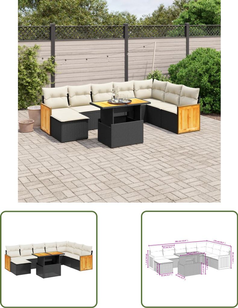 The Living Store 9-tlg. Garten-Sofagarnitur mit Kissen Schwarz Poly Rattan