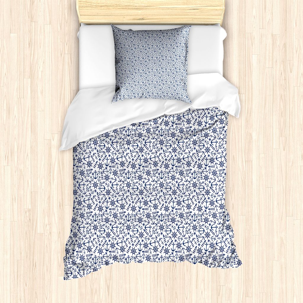 ABAKUHAUS Navy White Bettbezug Set für Einzelbetten, Anchor Helm Leuchtturm, Milbensicher Allergiker geeignet mit Kissenbezug, 135 cm x 200 cm - 8...