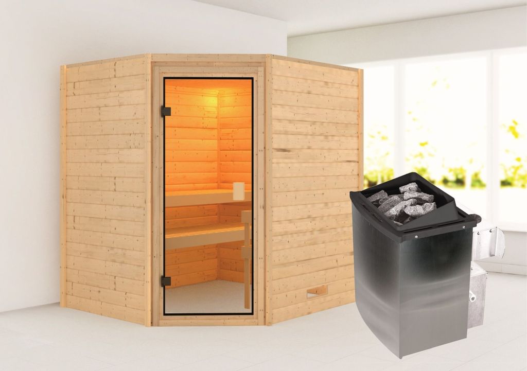 Karibu Sauna Innensauna Mia Eckeinstieg Ofen 9 kW integr. Strg 196x169x198 cm ohne Dachkranz mit Bronzierter Tür
