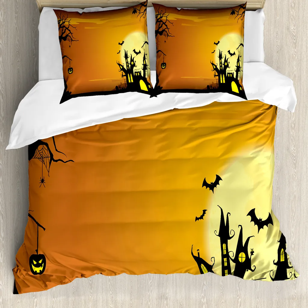 Copripiumino ABAKUHAUS Halloween, casa stregata, antiacaro, adatto a chi soffre di allergie, con federe, 200 cm x 200 cm - 80 x 80 cm, arancione e nero