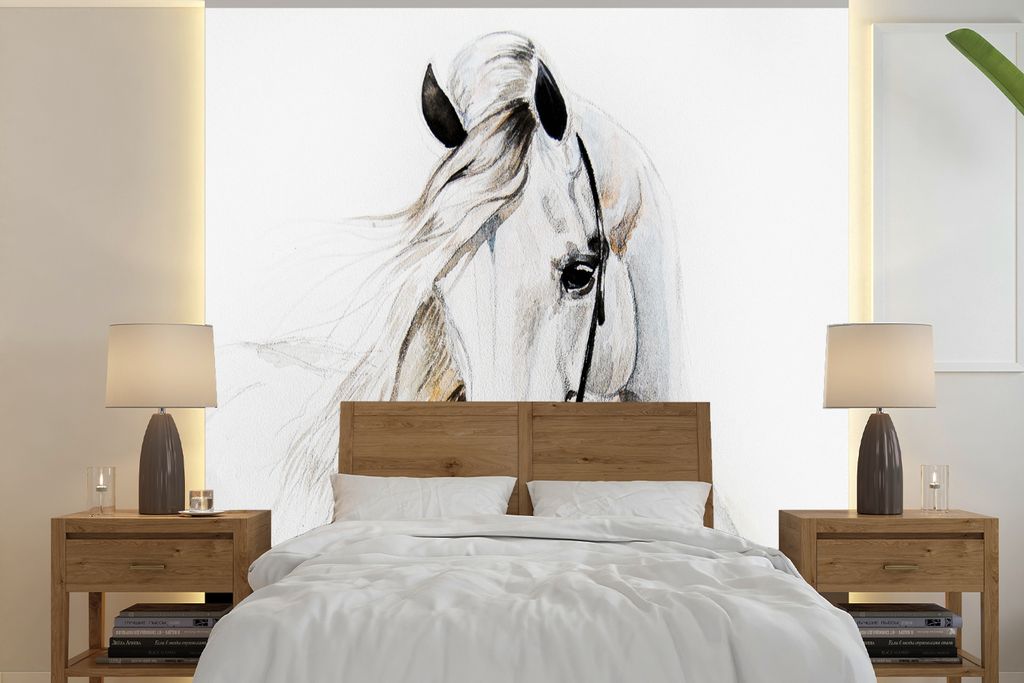 MuchoWow Fototapete für Wohnzimmer oder Schlafzimmer Wandtapete Vinyl Motivtapete Pferd - Aquarell - Tiere - Weiß - 240x240 cm - Kindertapete -...
